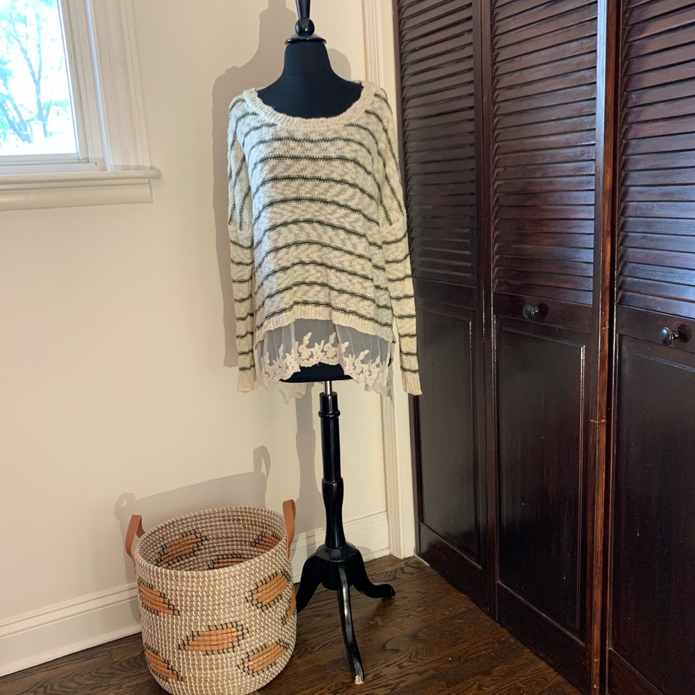 Boho cream and olive sweater with lace detail - size large
